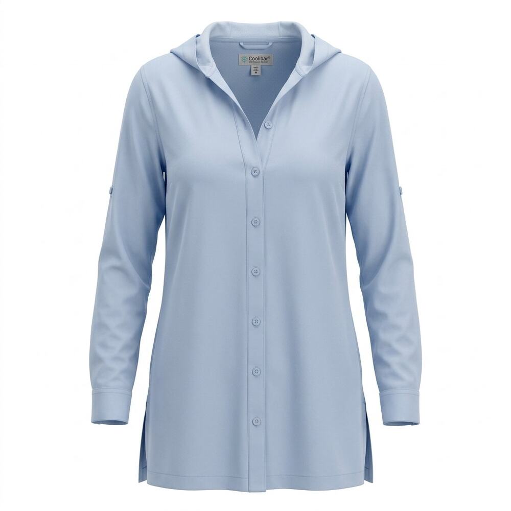 Coolibar Sun Blue V-Neck Knit Hooded Lightweight Tunic Women Size M